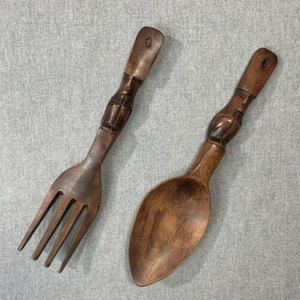 Wood Fork 13 inches and Spoon 13.5 inches Carved Face handles Kitchen Wall Decor
